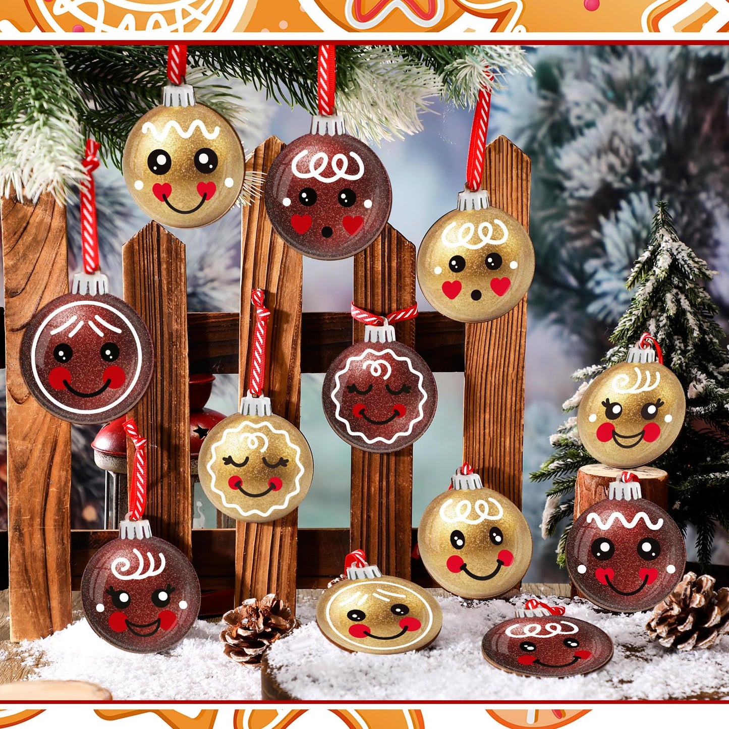 Wonderjune 36 Pcs Christmas Gingerbread Face Ornaments Wooden Gingerbread Tree Decoration Glitter Red Gold Christmas Hanging Ornaments Smile Wood Hanging Pendants for Xmas Tree Party Holiday Decor