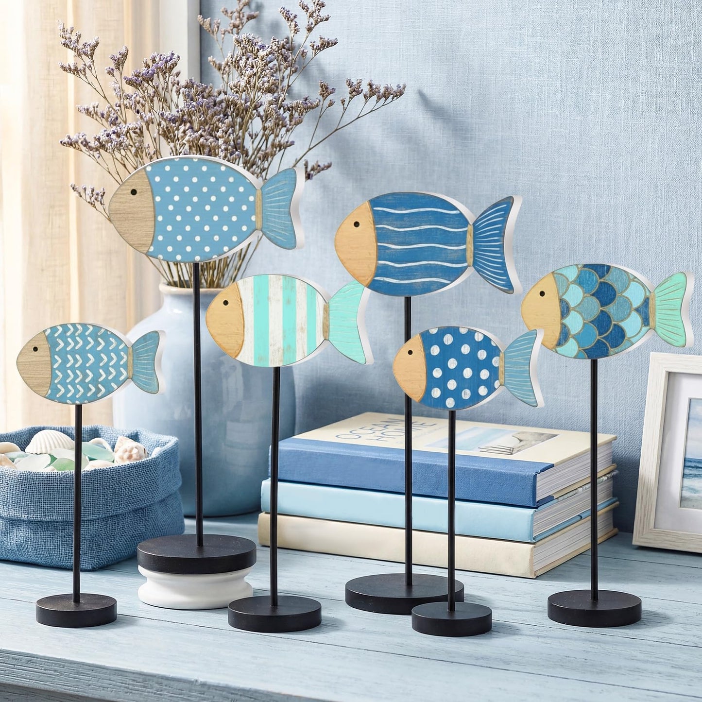 Geetery 6 Pcs Wooden Fish Table Decor Summer Ocean Tabletop Centerpiece Sea Animal Standing Sign Rustic Wood Fish Home Decor Coastal Beach Figurines Block for House Office (Cute Style)