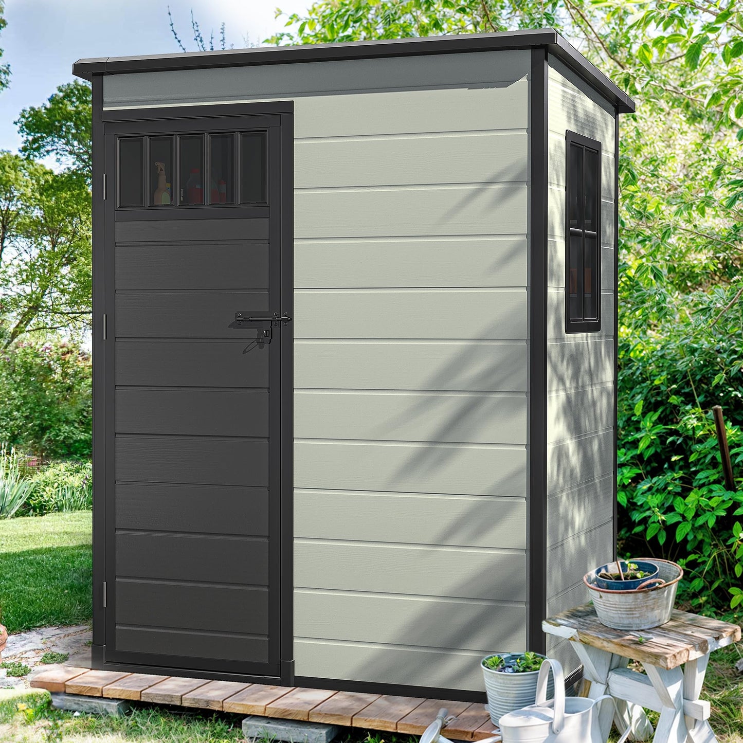 DWVO Outdoor Storage Shed 5x3FT with Fence-Style and Side Windows, Floor & Lockable Doors, Plastic Storage Shed, Storage Shed for Backyard and Garden