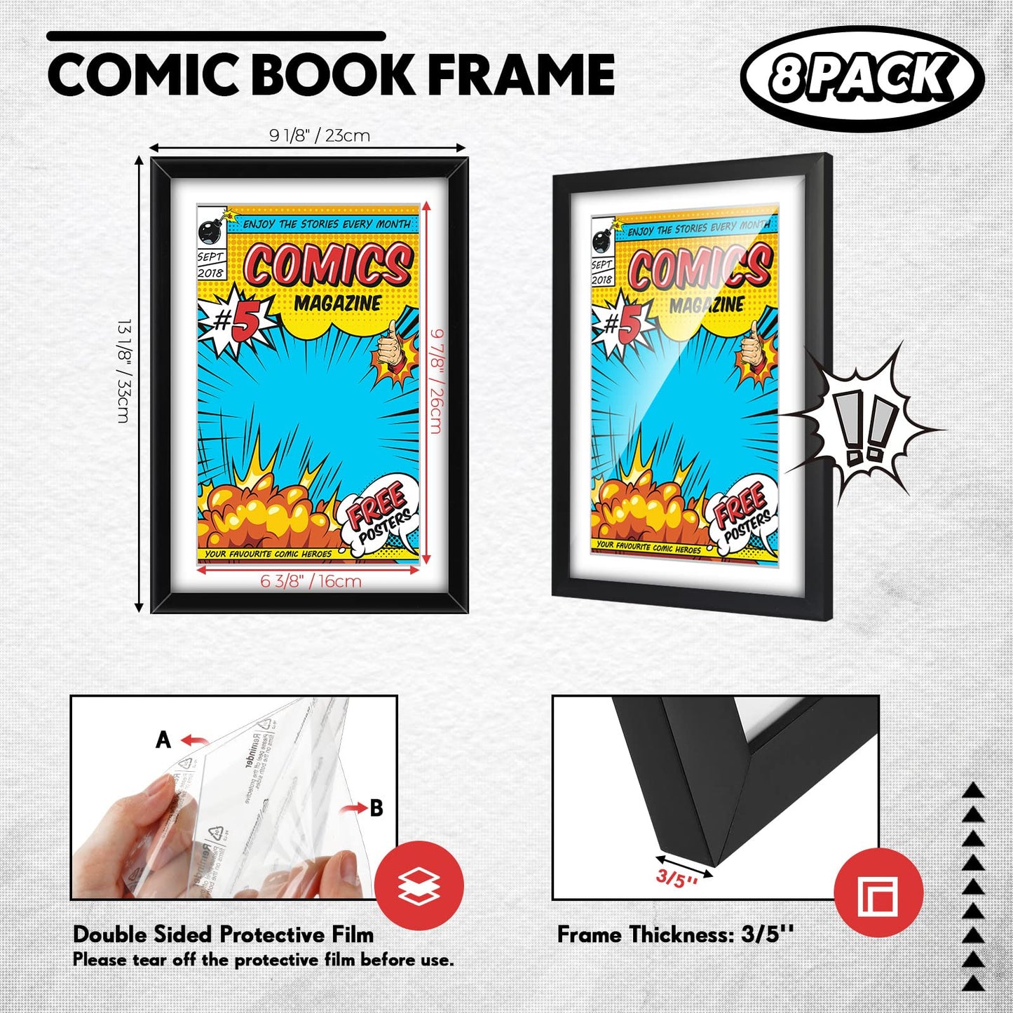 Geetery 8 Pack Comic Book Frame, UV Protection, Comic Picture Magazine Frames Fits Current up to 6 3/4 x 10 1/4, Wall or Tabletop Display with Spring Clips Installed Hangers(Black (White Mat))