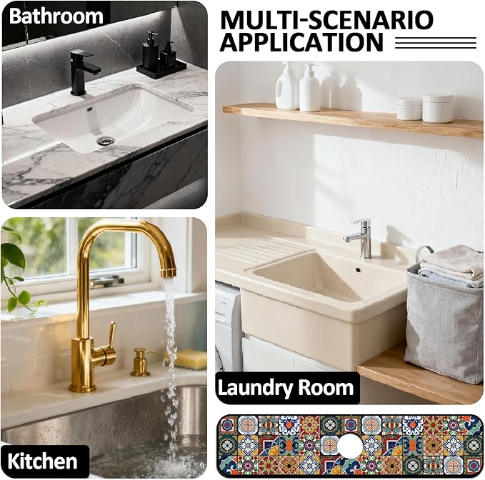 2 Pcs Kitchen Sink Splash Guard Faucet Mats Colored Bohemian Tiles Pattern