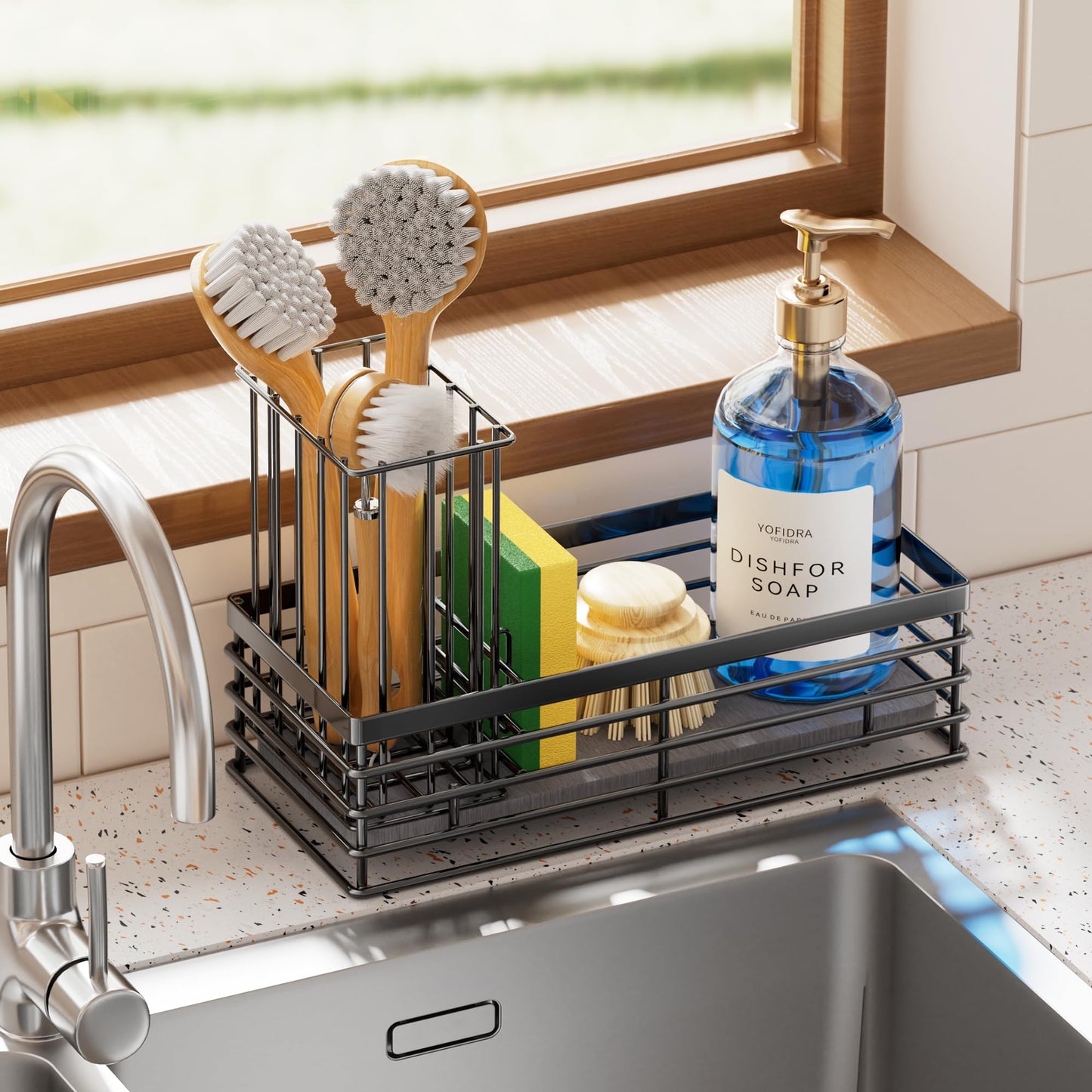 Yofidra Sponge Holder for Kitchen Sink, Sink Caddy Organizer with Stone Drying Mat, Kitchen Countertop Organizers and Storage Essentials, 304 Stainless Steel (Black, 9.29″ L)