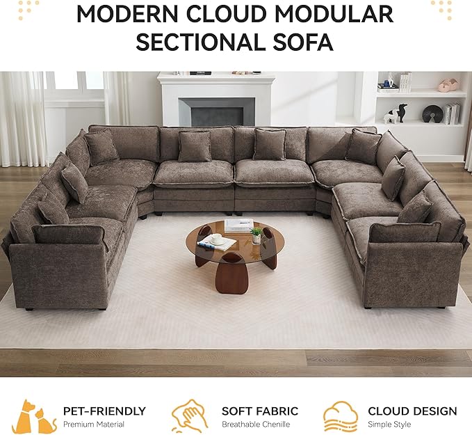 147'' Oversized U Shaped Cloud Sectional Sofa, Chenille Deep Seat Couches