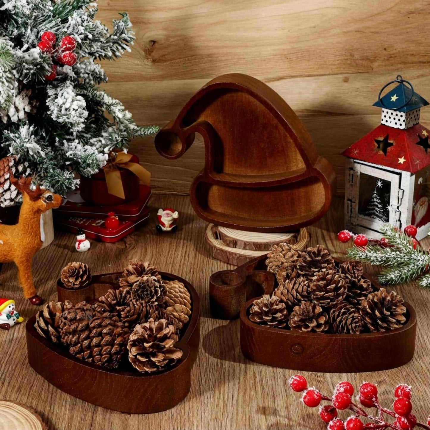 Jingmore 4 Pcs Christmas Wooden Bowl Santa Hat Tray Dough Charcuterie Board Rustic Xmas Sushi Plate Hand Carved Wood Bowl Paulownia Bowls for DIY Decoration Dining Home