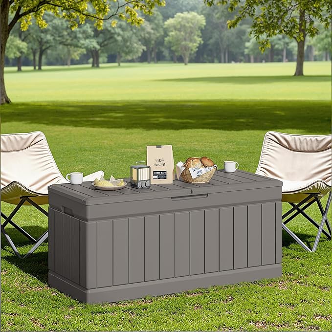 JUMMICO 78 Gallon Outdoor Deck Box Large Resin Storage Box for Patio Furniture Cushions and Garden Tools (Light Brown)