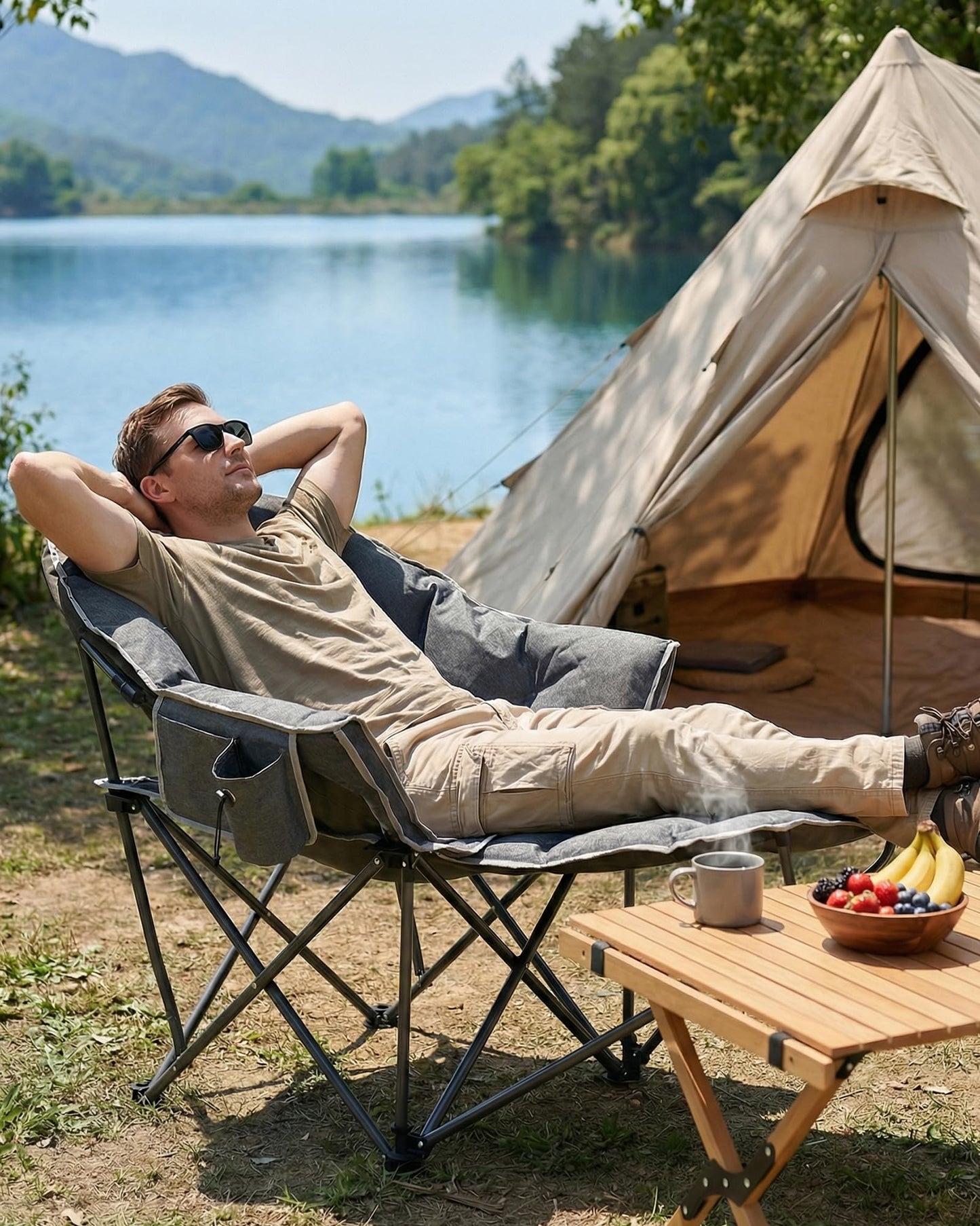 Upgrade Oversized Padded Comfy Camping Chair with Removable Leg Rest,Adjustable Cup Holder,Built-in Comfy Foam Armrest Supports,Heavy Duty Outdoor Round Folding Chair for Camping, Carry Bag, Gray