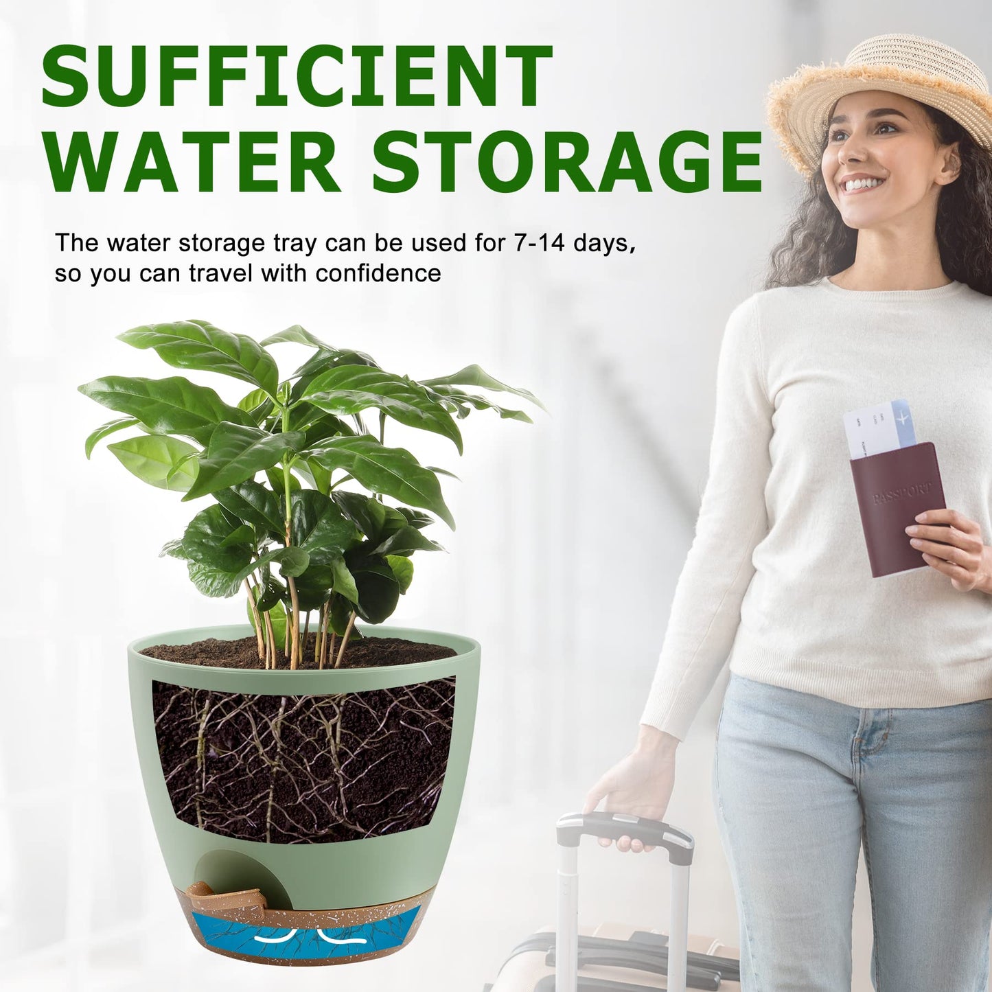 QRRICA Plant Pots 10/9/8/7.5/7 Inch Self Watering Pots, Set of 5 Plastic Planters with Drainage Holes and Saucers,Plastic Flower Pots,Nursery Planting Pot for Indoor Out Door Plants(Green)