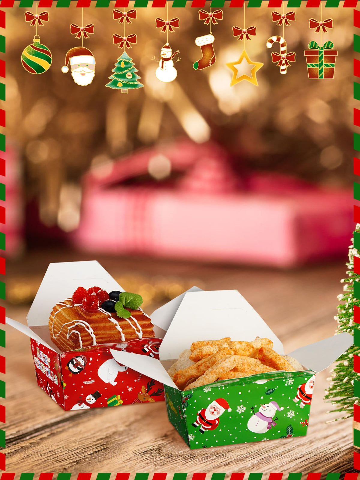 Estune 60 Pack Christmas Take out Food Boxes 2.56'' x 4.65'' x 3.54'' Christmas Disposable Treat Containers Candy Goodie Gift Boxes for Party Favor