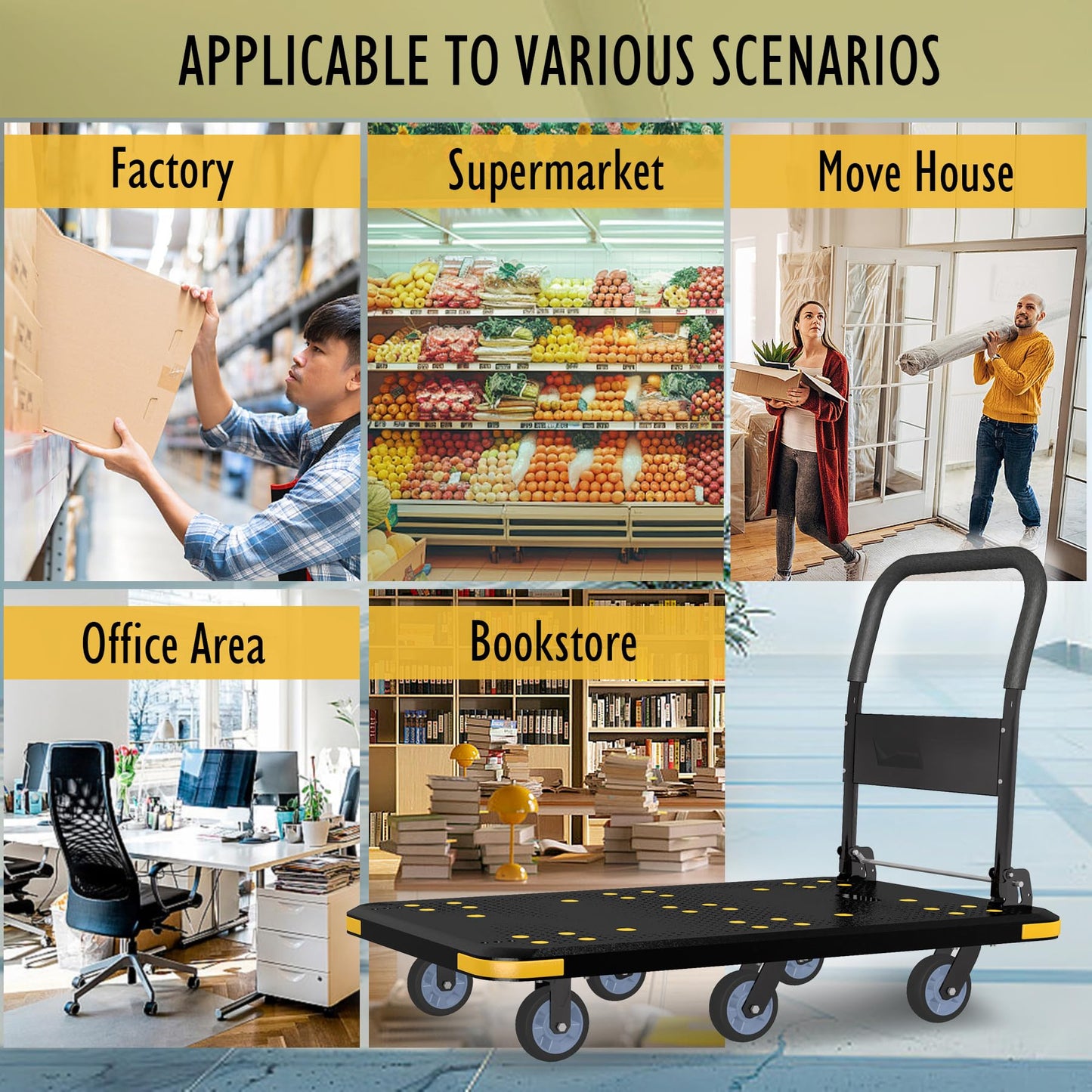 Heavy-Duty Foldable Platform Cart with 6 Wheels & 2000LB Capacity - 360° Swivel & Fixed Casters, Collapsible Push Cart Dolly Black Plastic Trolley, 5" Wheels, Spare Tire & Anti-Collision Corners