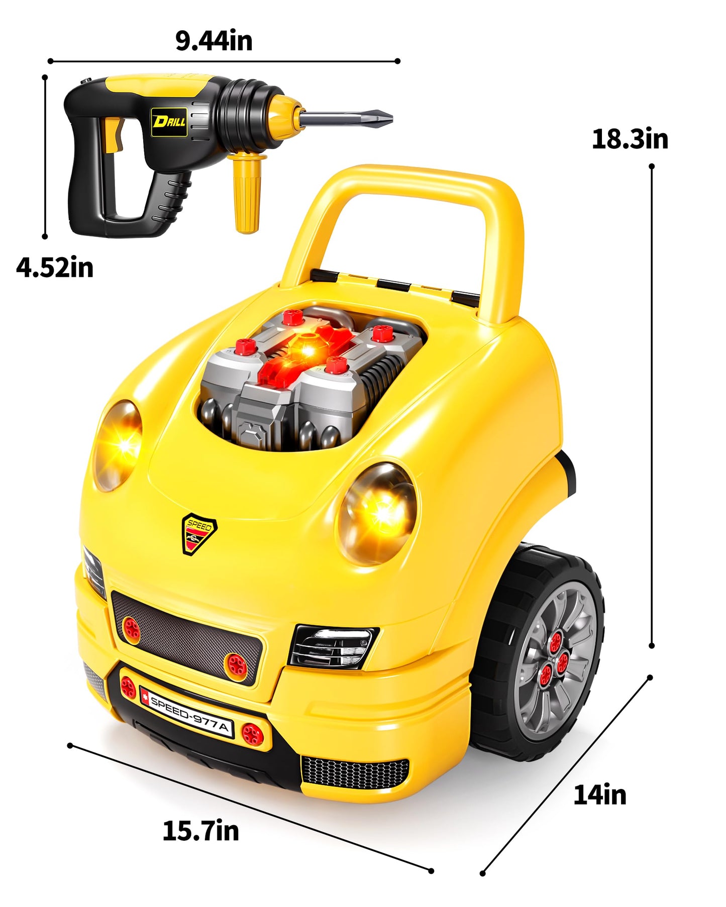 Deejoy Large Truck Builder Kit for Toddlers 3-5, Kids Mechanic Workshop Set with Light and Sound, Removable Engine, Yellow, 15.3x18.7inch