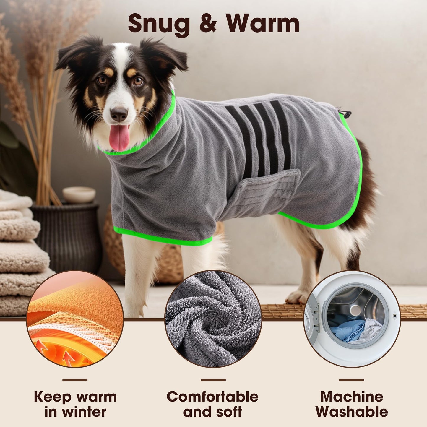 HezzLuv Microfiber Dog Drying Coat – Super Absorbent & Quick-Drying Dog Robe – Adjustable Fit for Medium to Large Dogs – Ideal for Bath, Swim & Wet Walks(Green, XL)
