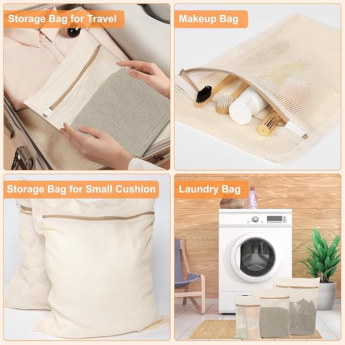 6-Piece Bag, Durable Cotton Mesh Laundry Bag, Sturdy Zipper, Breathable Mesh