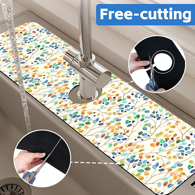 Abstract Watercolor Leaves Sink Faucet Absorbing Mat Sink Splash Guard Faucet