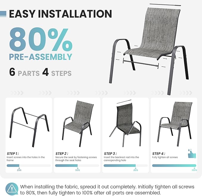 Patio Dining Chairs Set of 8, Outdoor High Stacking Chairs,Breathable Seat Fabric and Alloy Steel Frame for Backyard, Porch, Garden, Sunroom (Light Grey)