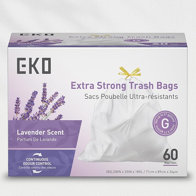 EKO 21 Gallon / 50-90 Liter, Extra-Strong Garbage Bags, Lavender Scent