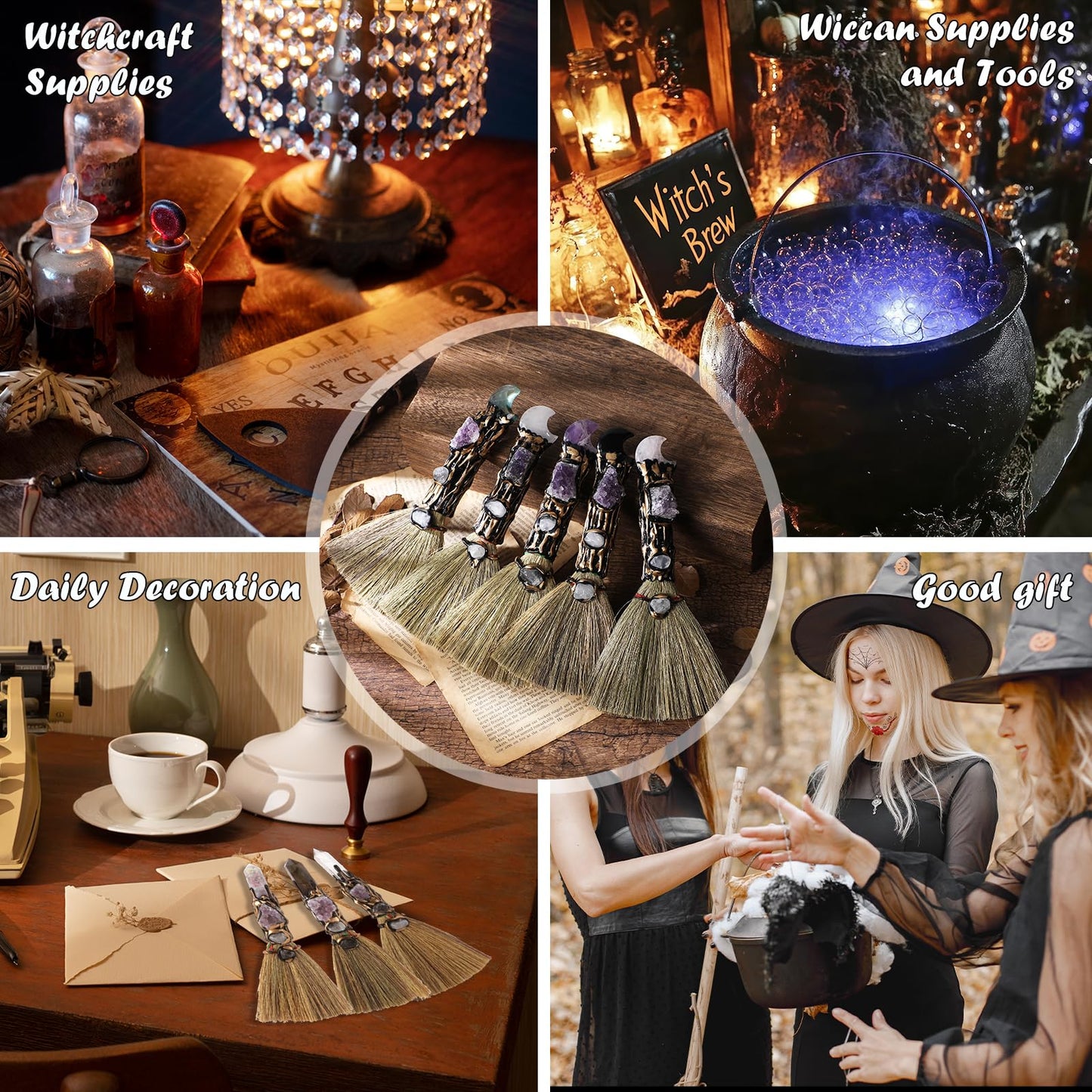 RENEMEGO Witch Crystal Altar Broom - Witchcraft Supplies Wiccan Decor Altar Supplies with Moon Black Obsidian Natural Healing Crystals Reiki Energy Emotional Regulation Wealth Attraction Crafts