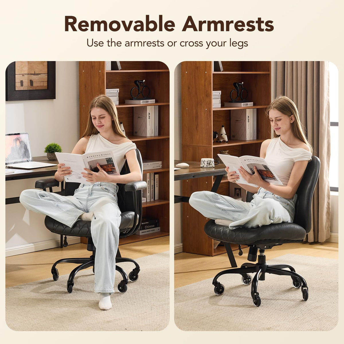 YFO Home Office Desk Chair Office Rubber Casters Ergonomic Computer Chair with Lumbar Support Adjustable Height Rolling Swivel Executive Task Armrests Chair๏ผ Black PU