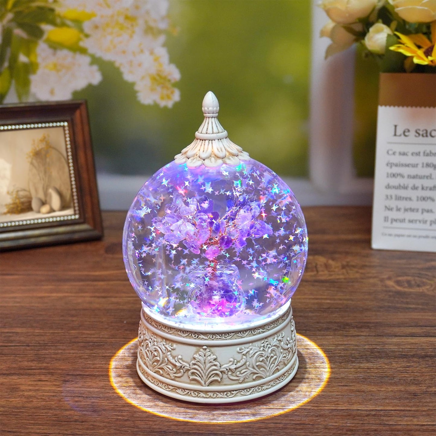 Amethyst Healing Crystal Tree Globe with Colorful Lights and Sparkling Glitter, Natural Gemstone Base, Spiritual Meditation, Positive Energy Good Luck, Home Decor, Birthday Gifts (Amethyst)