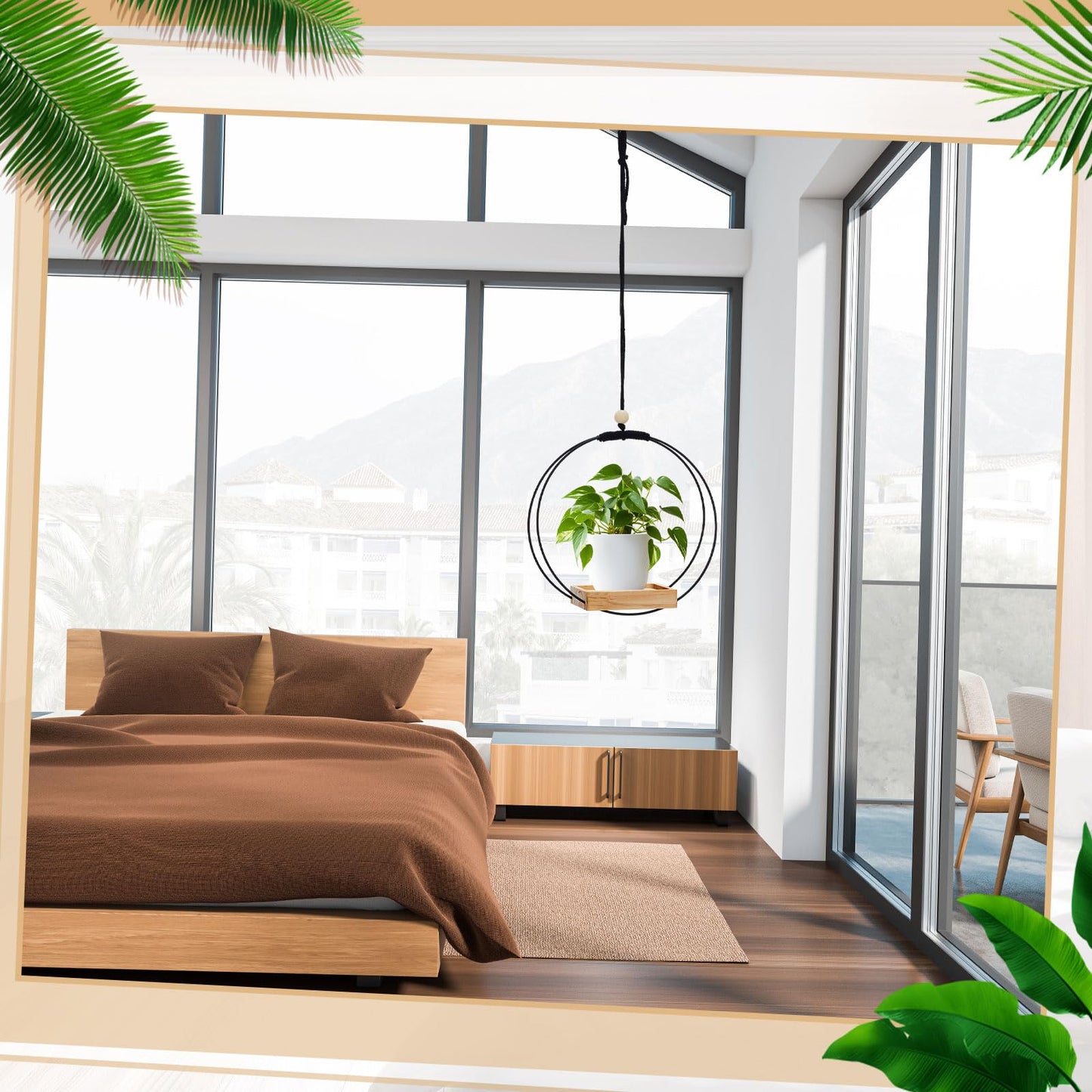 Geelin 2 Pack Plant Hanger with Wood Base Hanging Window Planter Boho Macrame Hanging Plant Holders for Window Indoor Outdoor Room Ceiling Home Decorations(Black)