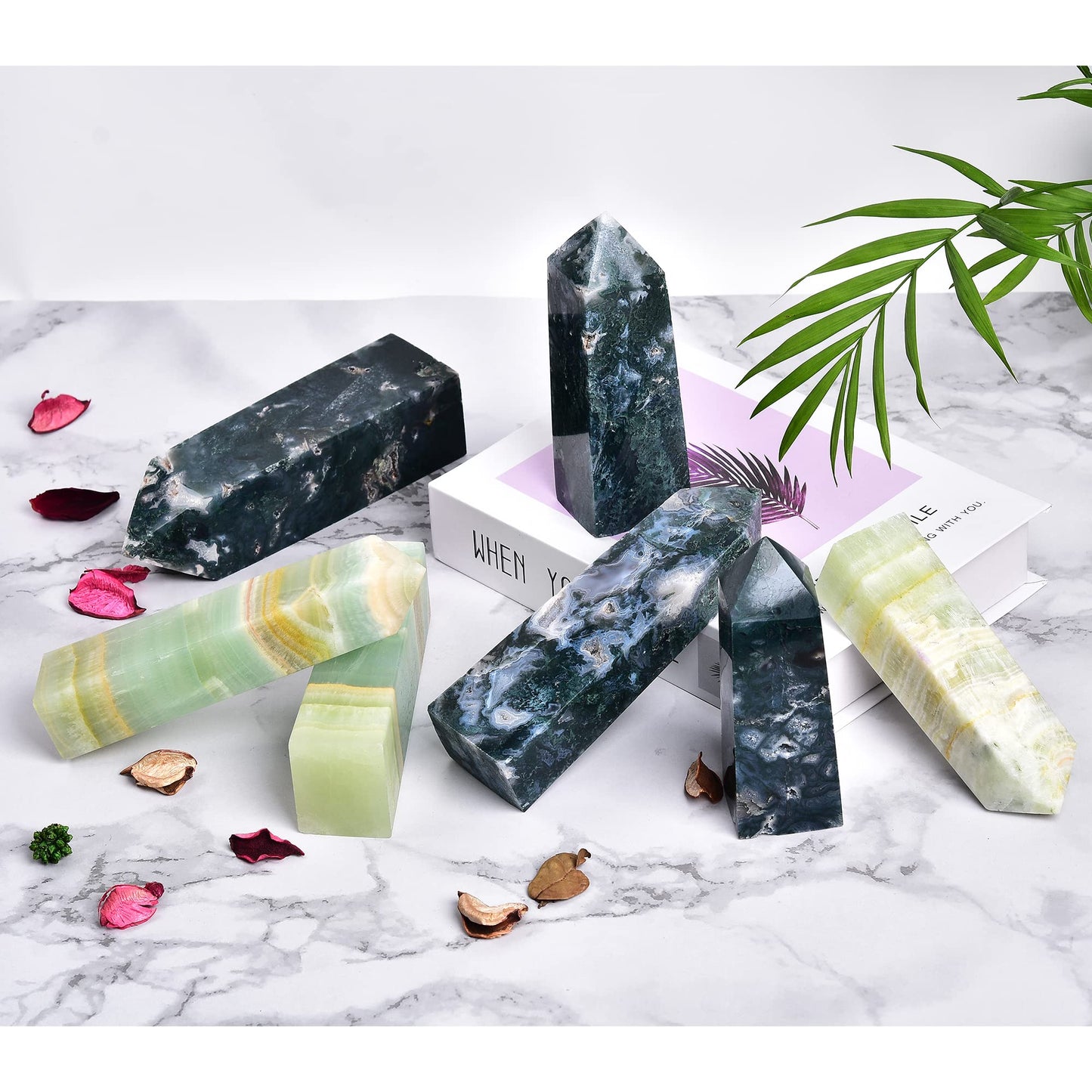 JIC Gem Green Fluorite Crystals Tower Gemstone Tower Wand Quartz Obelisk Healing Crystals Chakra Tower Decor Meditation Reiki 1-1.3 Lbs