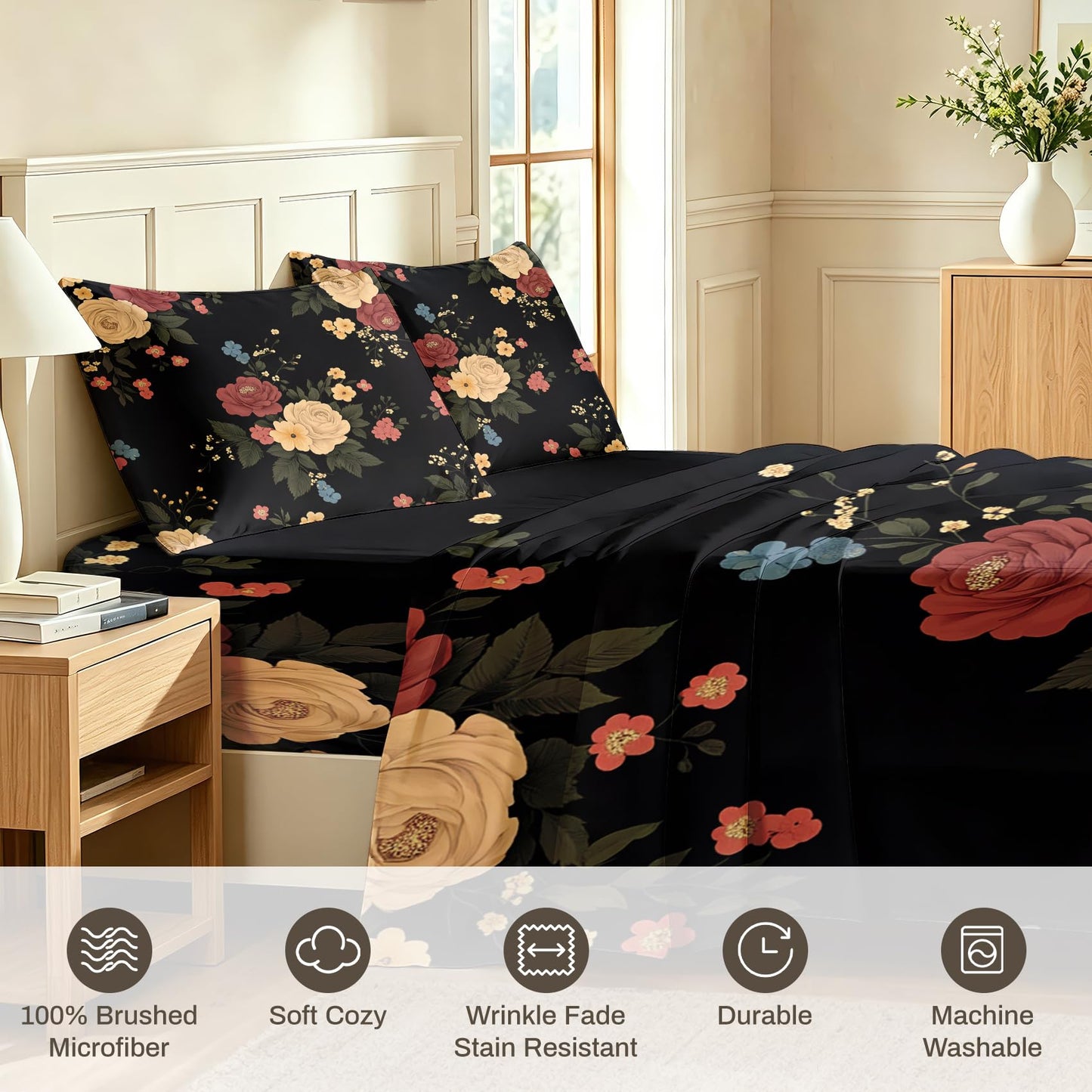 Peony Floral Bedding Set 4 Pcs Flowers King Sheets