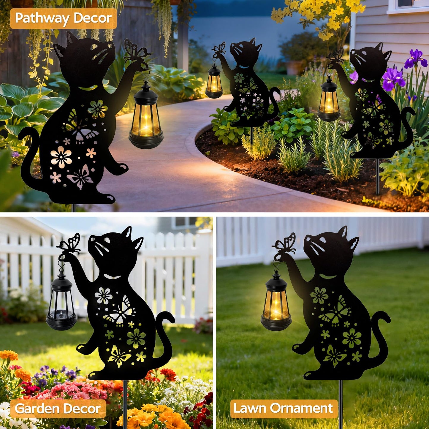 ANGMLN Cat Solar Lights Outdoor, Black Cat Hanging Lantern Waterproof, Cat Lover Gifts for Women Mom Birthday Mother's Day, Metal Garden Statue Yard Decor Patio Pathway Backyard Lawn Ornaments