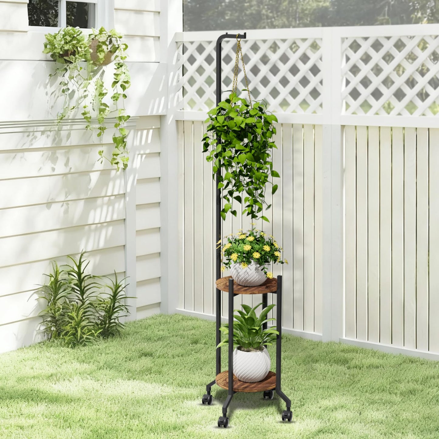 VyGrow Plant Stand Indoor, 2 Tier Hanging Tall Plant Shelf with Wheels, 3 Potted Corner Flower Stand Metal Plant Holder, Plant Shelves for Living Room, Bedroom, Patio, Outdoor, Black