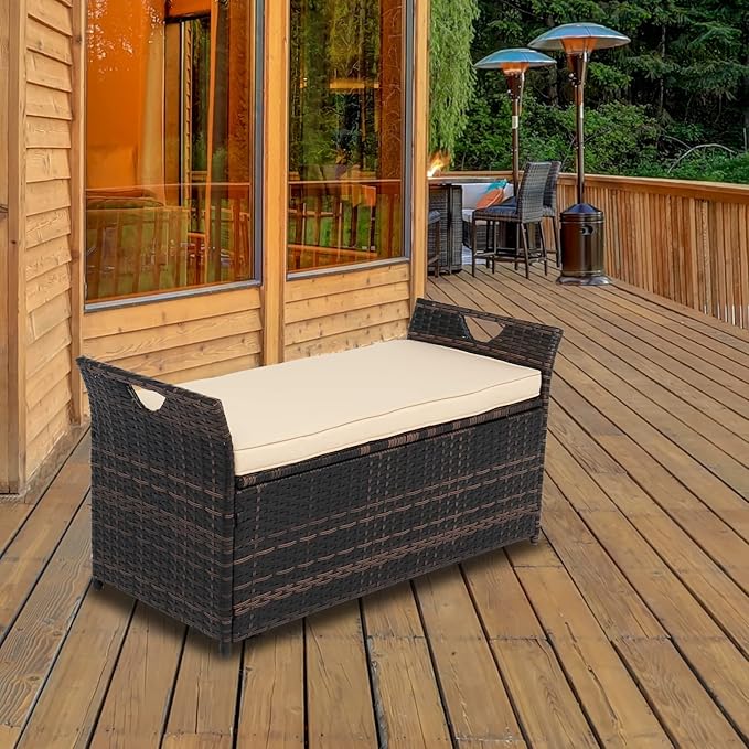VINGLI 40 Gallon Outdoor Rattan Deck Box w/Cushion, Patio Wicker Storage Box, Garden Deck Storage Bin for Garden, Balcony, Porch, Pool, Yard, Brown