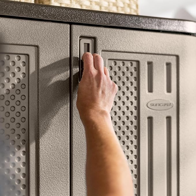 Suncast Tall Storage Cabinet, Platinum Resin Garage Storage Cabinet with Doors & Shelves, Plastic, Lockable, Freestanding Utility Closet for Tools & Supplies, Made in USA