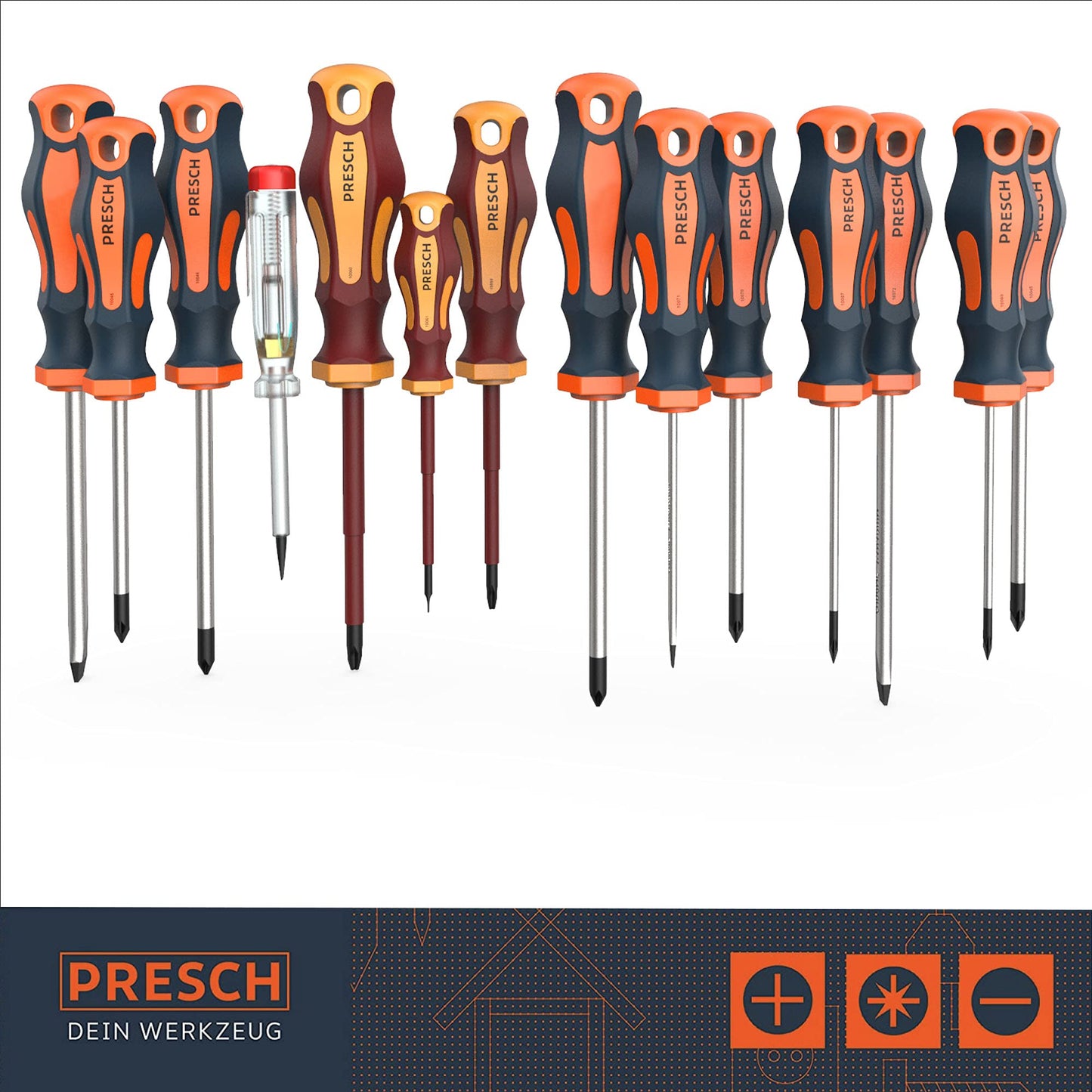 Presch Screwdriver Set 14 pcs - Magnetic Screwdriver Set with PH, Pozidrive, VDE Screwdrivers, Voltage Tester and Holder - Screw Driver Kit
