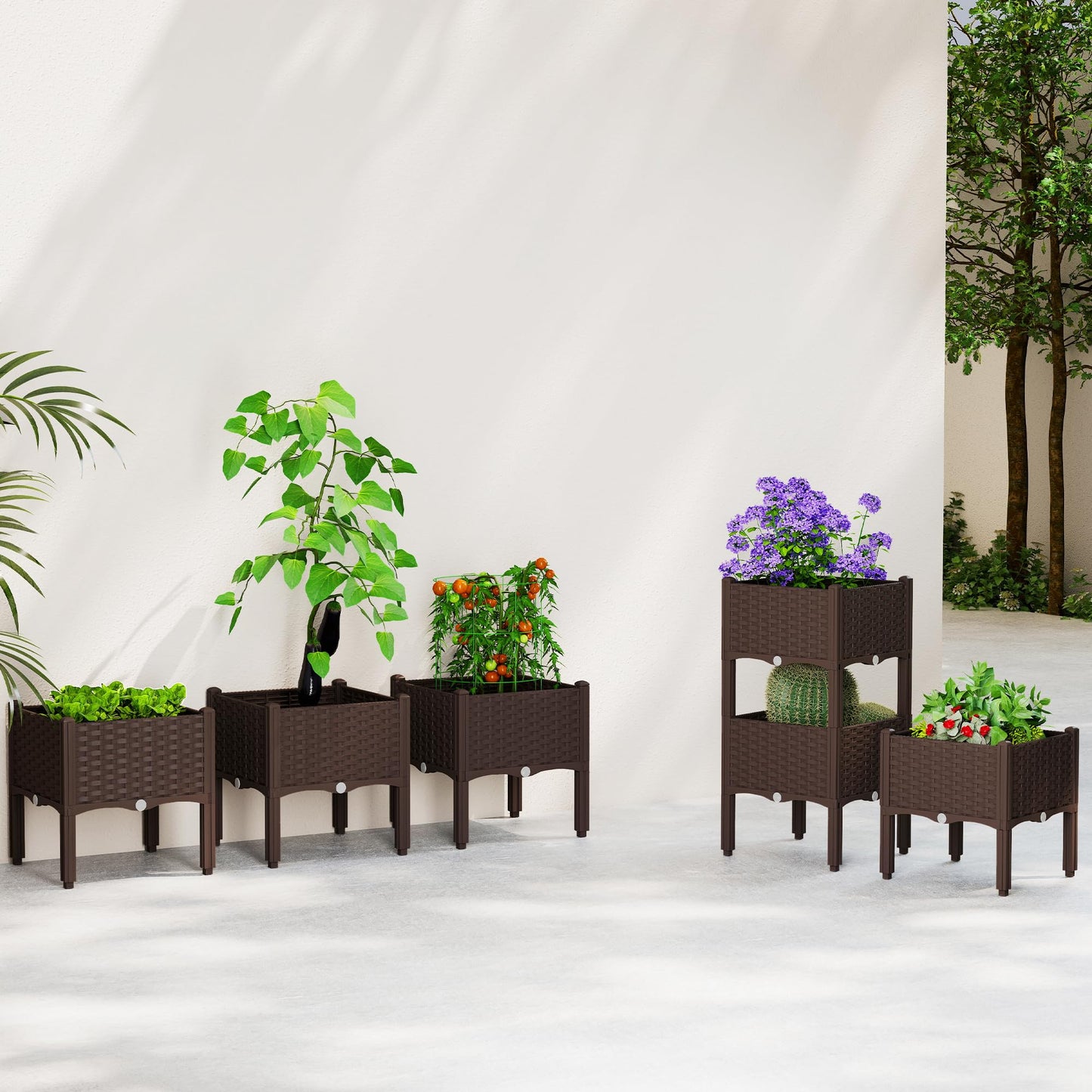Outsunny Plastic Raised Garden Bed with Legs, Self Watering Elevated Planter Boxes with Drainage Holes and Plugs, Easy Assembly Outdoor Planter Box for Patio Yard Balcony, Vegetables, Flowers, Herbs