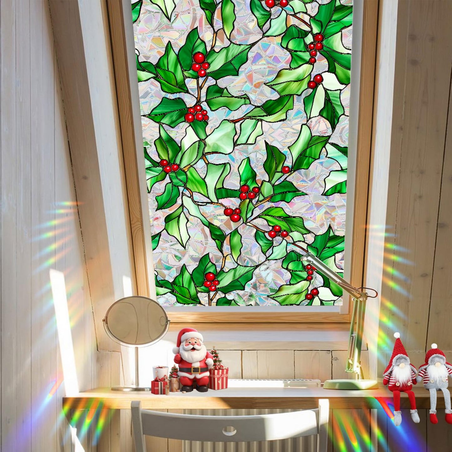 Christmas Window Film Christmas Green Window Clings DIY Glass Art Decoration Xmas Red Berry Designs Privacy Film Stained Glass Window Film Windows Sticker for Holiday Bedroom Door Decor