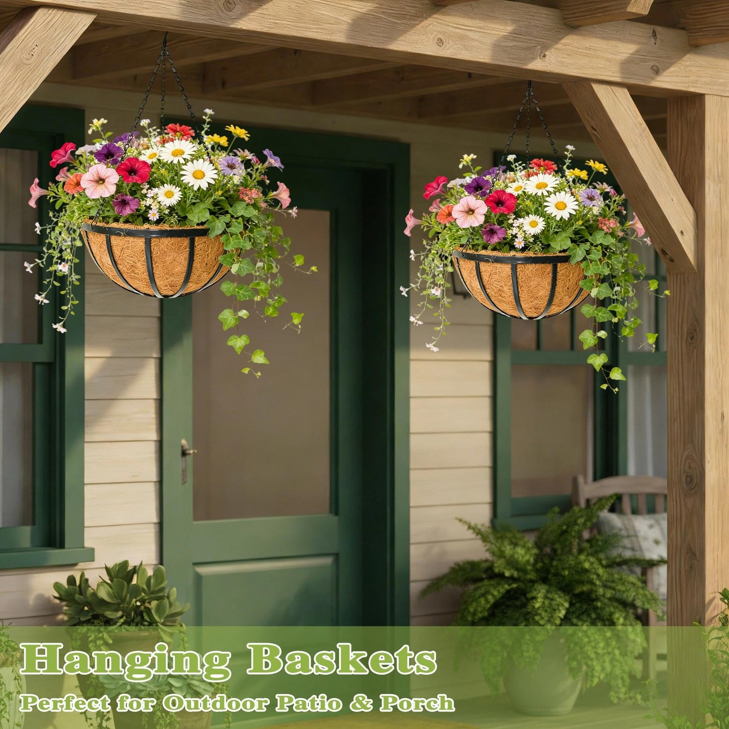 ZVOWOS 14 Inch Black Flat Iron Metal Hanging Planter Basket with Coco Coir Liner(4 Pack) Hanging Planters for Outdoor Plants Hanging Baskets for Plants Flower Pots for Deck Patio Porch Garden Balcony