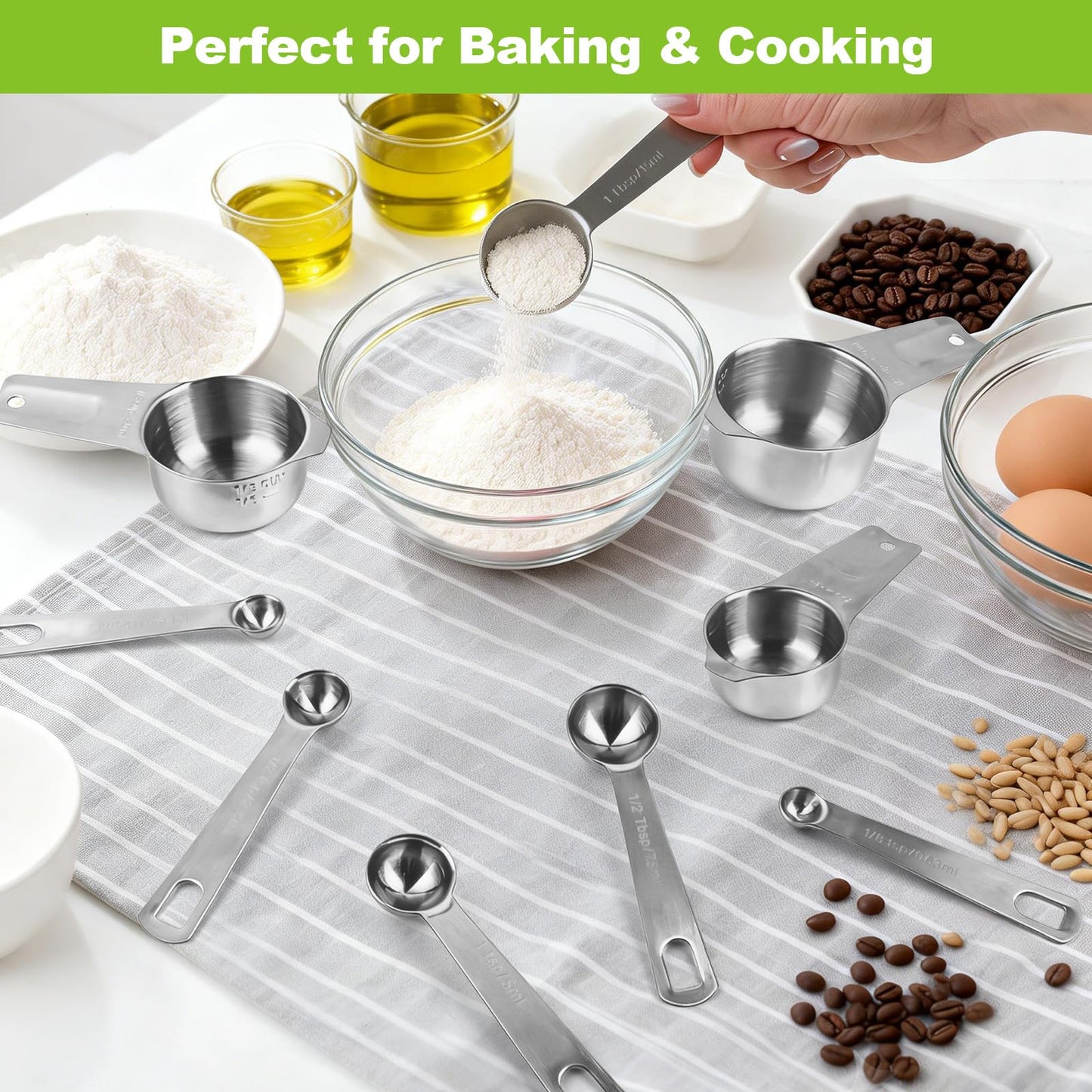 Stainless Steel Measuring Cups and Spoons Set of 10, Nesting Measuring Cup Set - 4 Cups 6 Spoons, Stackable Measure Cup Spoon Set for Dry & Liquid,Dishwasher Safe Kitchen Tools Cooking Baking Supplies