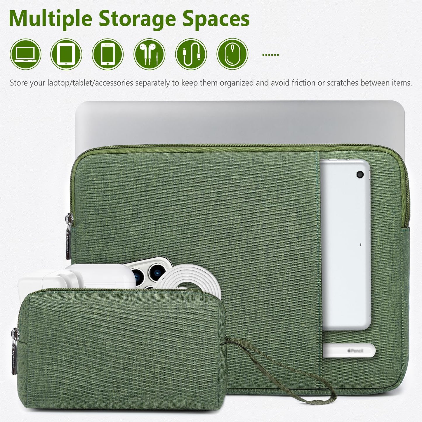 HYZUO 13 Inch Laptop Sleeve Bag Set for MacBook Air 13 M4/M3/M2/M1 2025-2018, MacBook Pro 13 M2/M1 2025-2016, iPad Pro/Air 13, XPS 13, Surface Pro, NoteBook Case for 12"-13" Tablet, Grass Green