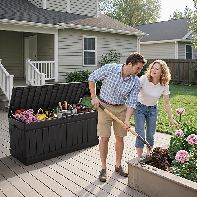 Flamaker Outdoor Storage Box 80 Gallon Resin Waterproof Deck Box Delivery Box with Wood Texture Large Storage Bin for Patio Cushions (Black)