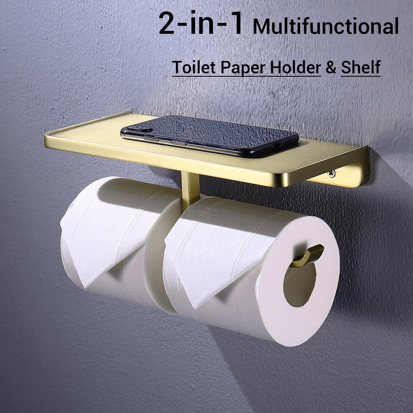 Dual Roll Toilet Paper Holder with Phone Shelf, Solid Metal Bathroom Accessory Tissue Dispenser Storage Wall Mounted, Spot Resist, Brushed Gold