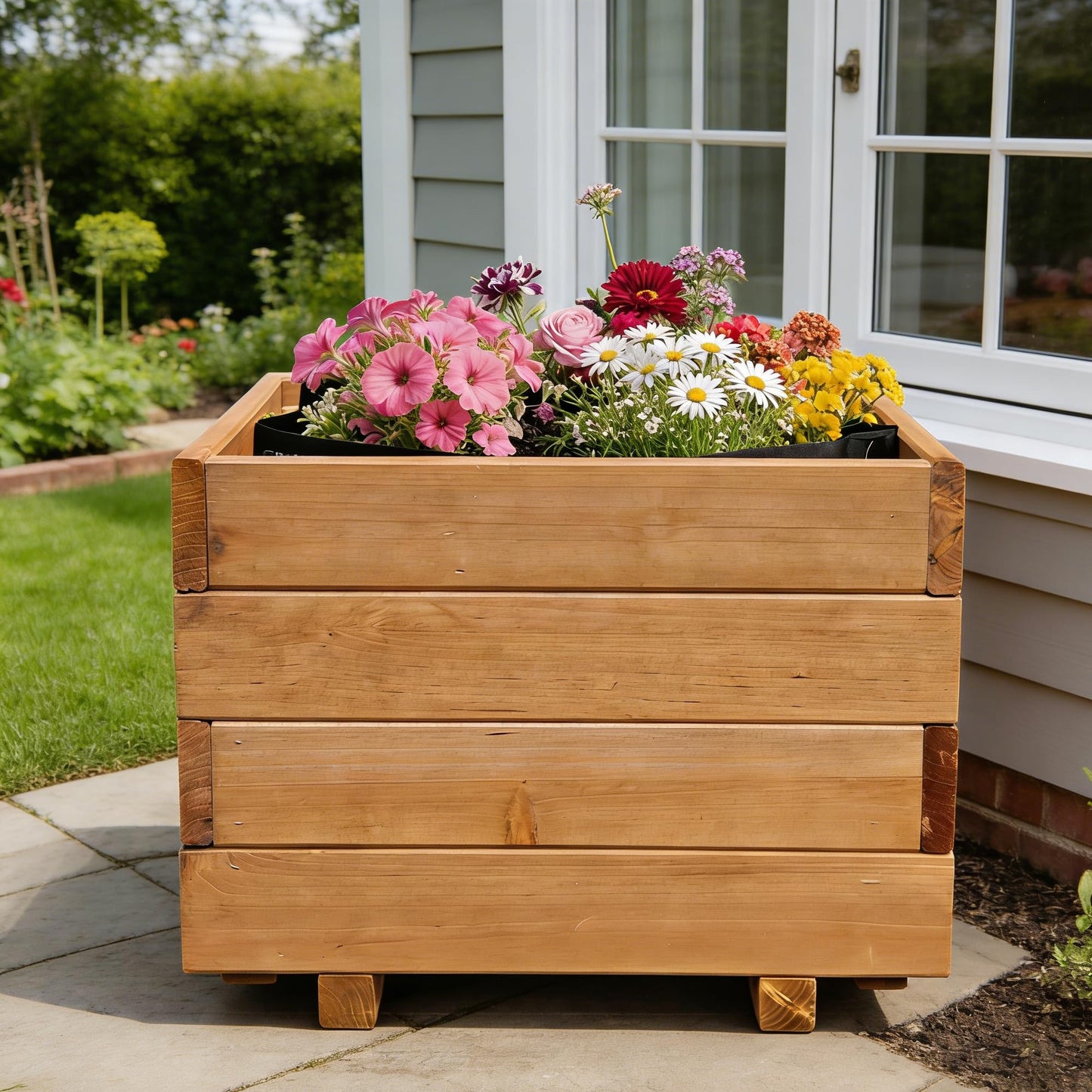 ScienGarden 15.75" Square Wooden Planter Box, 12.6" H Raised Garden Box, Fir Wood Outdoor Planter with 2 Drainage Holes, Reinforced Bottom Supports, Mortise & Tenon Corners, Water-Based Paint Finish