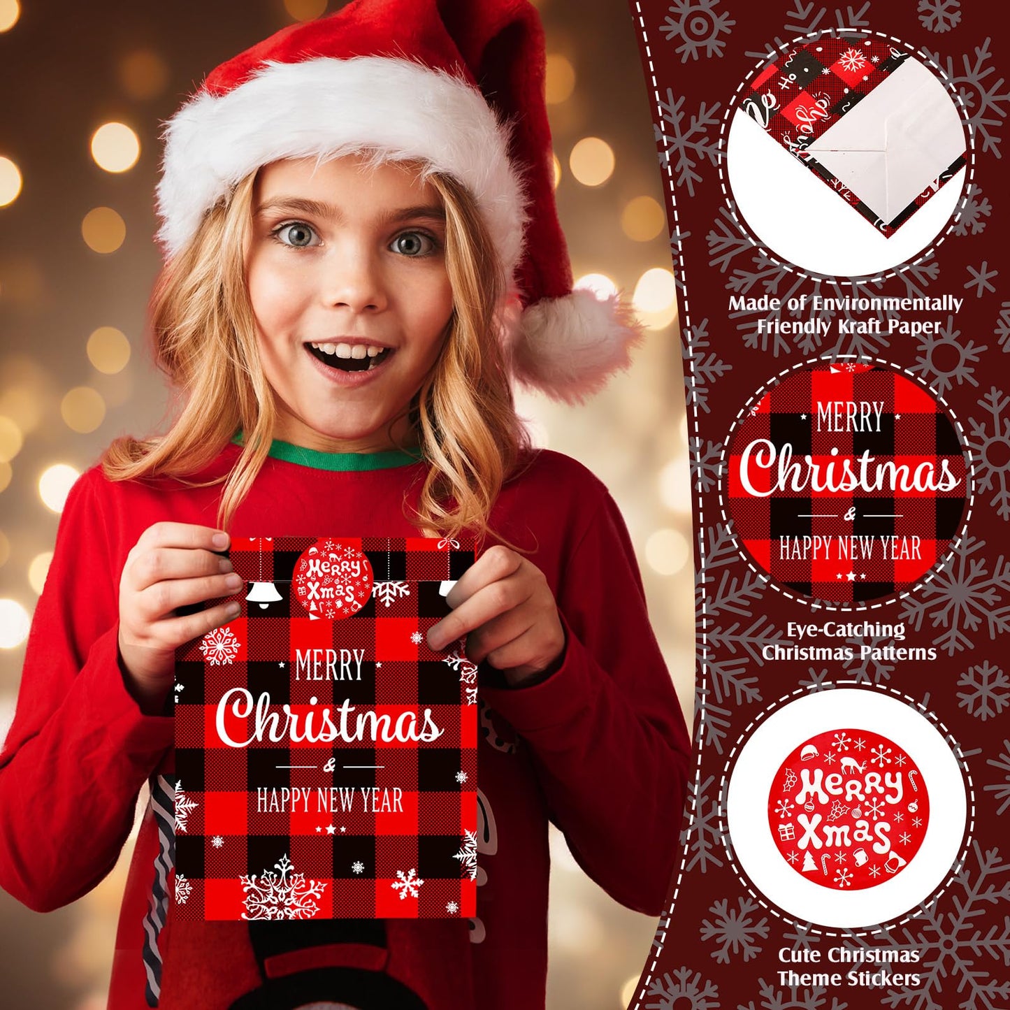 24 Pack Christmas Paper Gift Bag Xmas Goodies Candy Bags with 24 Pieces Christmas Theme Stickers Xmas Treat Tote Bags Party Decorations for Xmas Party Favors Supplies(Bright Style)