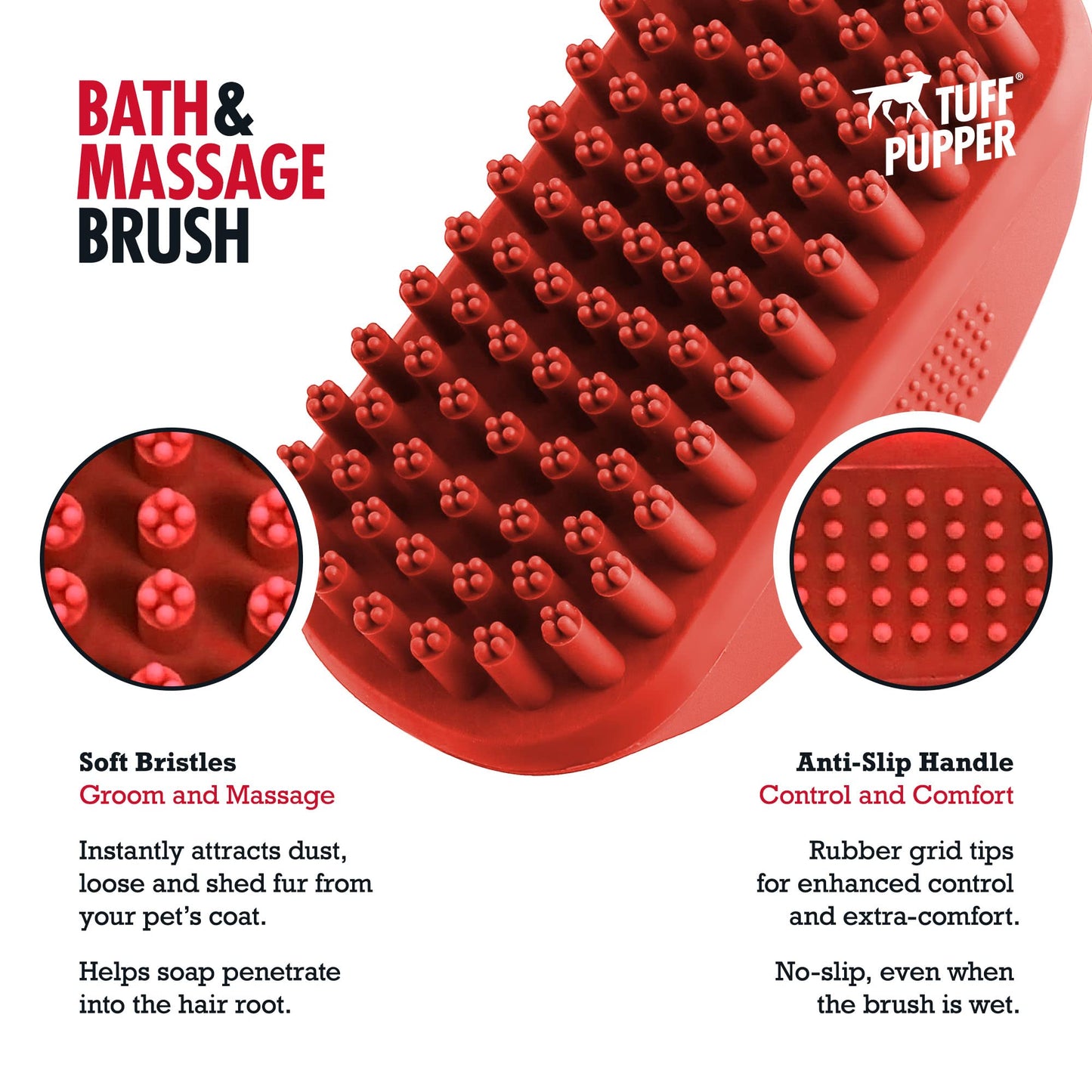 Tuff Pupper Dog Bath Brush, Silicone Pet Hair Remover Brush for Shampooing & Massaging Dogs, Dog Washing Brush with Soft Rubber Bristles Gently Removes Loose & Damaged Fur