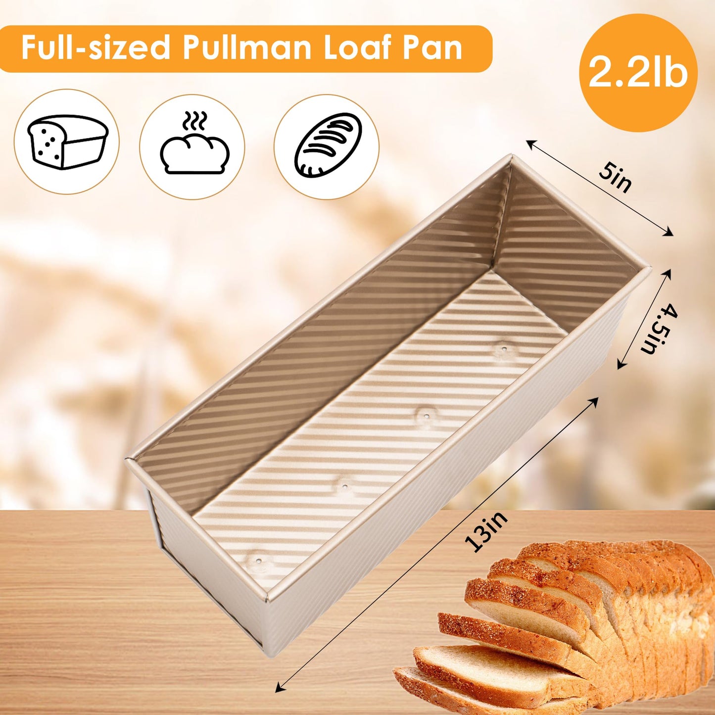 Spmarkt Bread Pan, 13 * 5inch Non-Stick Rectangle Pullman Loaf Pan with Lid, Long Sourdough Bread Loaf Pan for Homemade, Deep Bread Tin with Dough Scraper Cutter