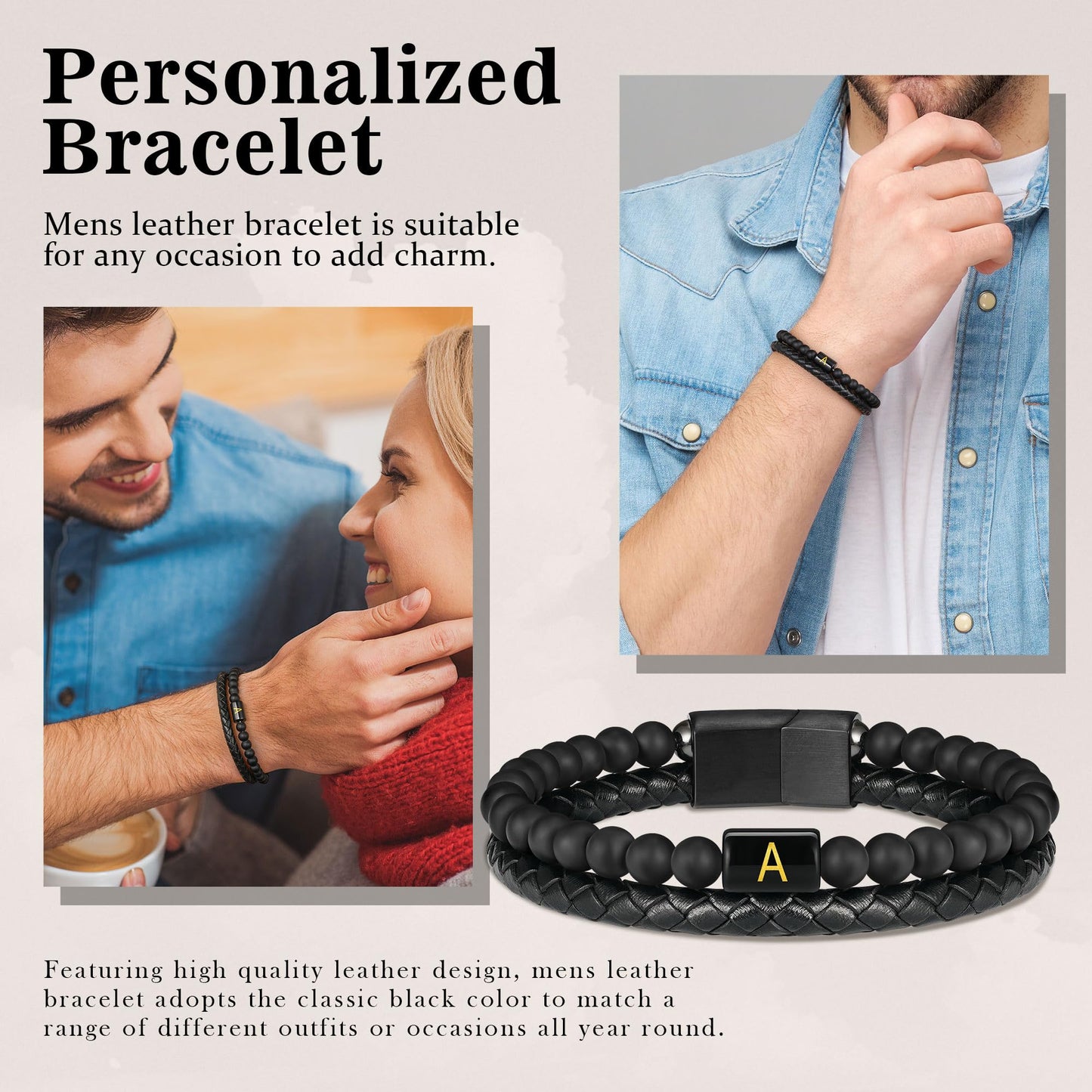 Mens Leather Bracelet with Initial - Men Gift Matte Agate Bead Magnetic Clasp Black Leather Bracelets Mens Gifts Men Bracelets with Initial M Bracelet for Men's Jewelry Men's Gifts for Dad Husband Him