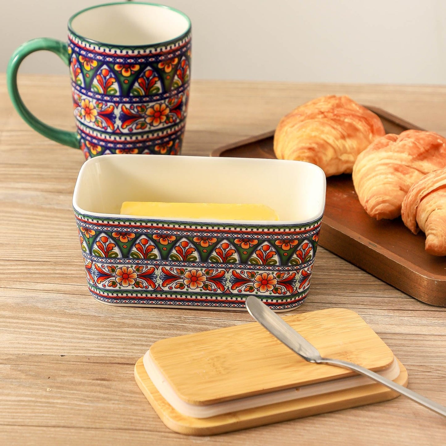 Tikooere Ceramic Butter Dish with Lid,Large Butter Container with Airtight Cover for Countertop or Refrigerator,Farmhouse Kitchen Butter Holder for New Year Gift,Dishwasher Safe,Green Printing