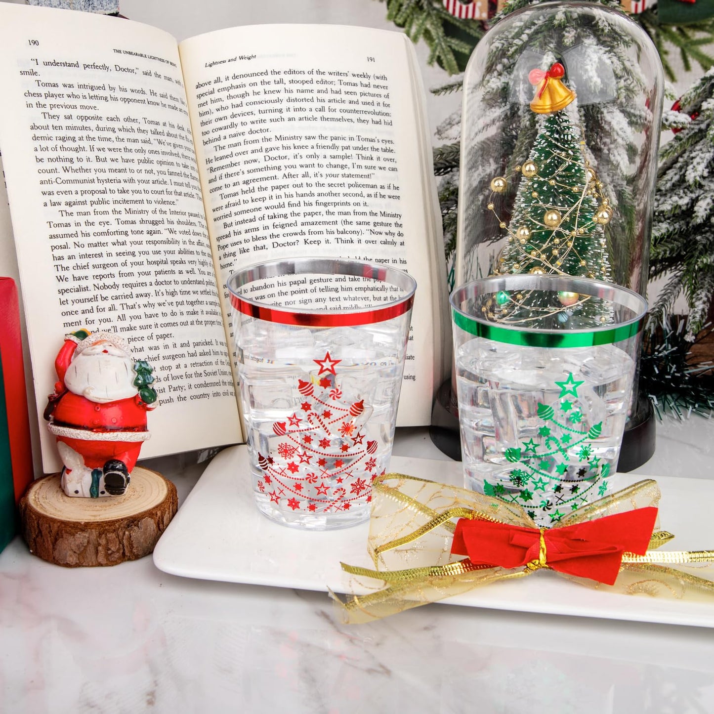 supernal 100pcs Christmas Plastic Cups,10oz Disposable Party Cups,Red and Green Plastic Tumblers with Christmas Tree Design,Party Cup Disposable for Xmas Party, Christmas Eve