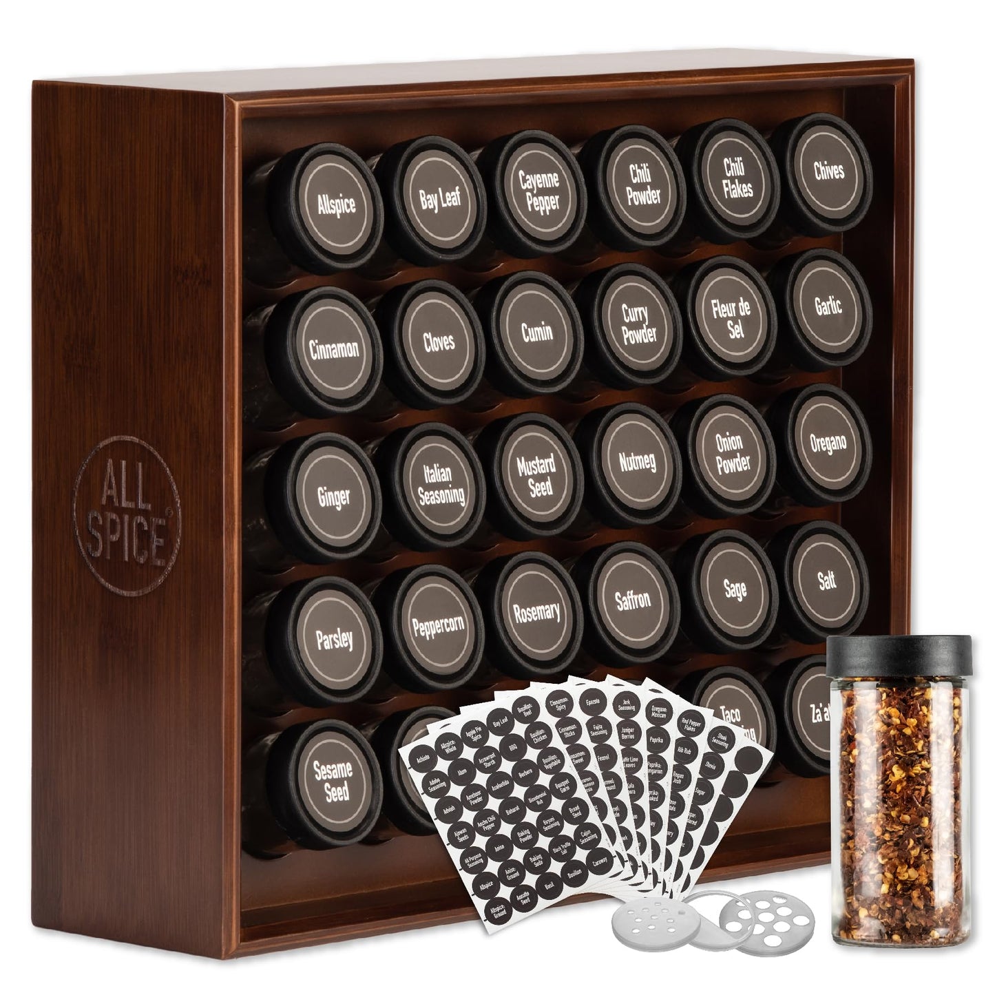 AllSpice Spice Rack Organizer, Wood, 525 Unique Labels, Countertop or Wall Mount, Includes 30 4oz Jars- Walnut Stain