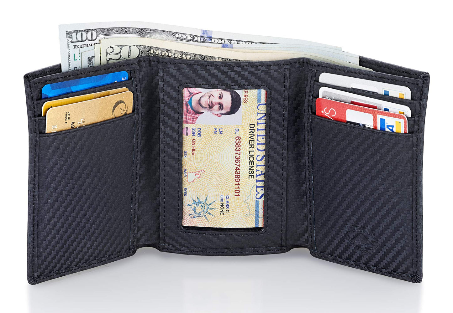 Stealth Mode Trifold Leather Wallet for Men with RFID Blocking (Carbon Fiber)