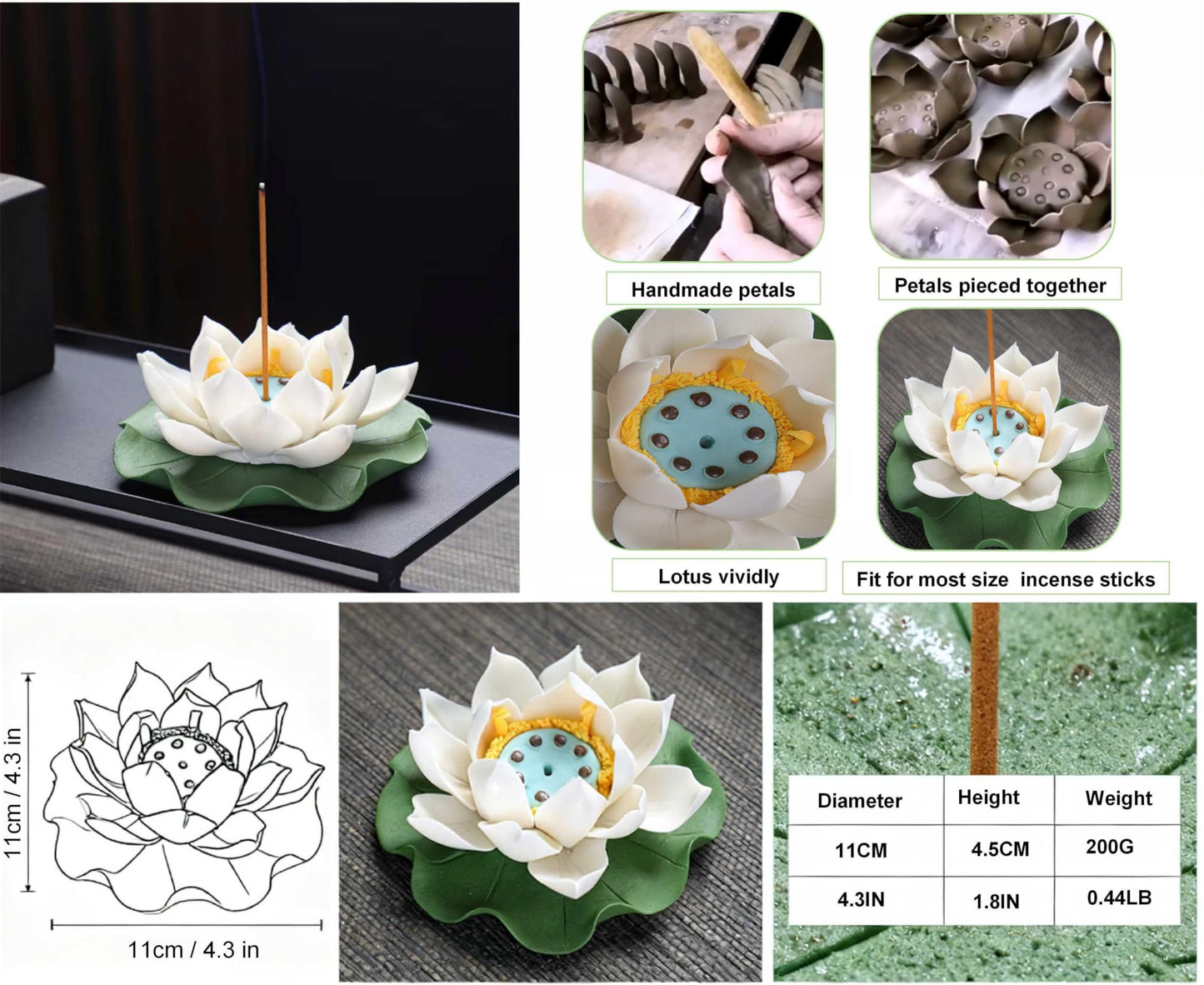 Lotus Incense Holder for Mosquitos - White Ceramic Bloom with Leaf Tray, Aromatherapy Decor, Meditation Gift Set, Zen Home Office Desk Altar Decor (Handmade, Ash Catcher, Unique Holiday Present)