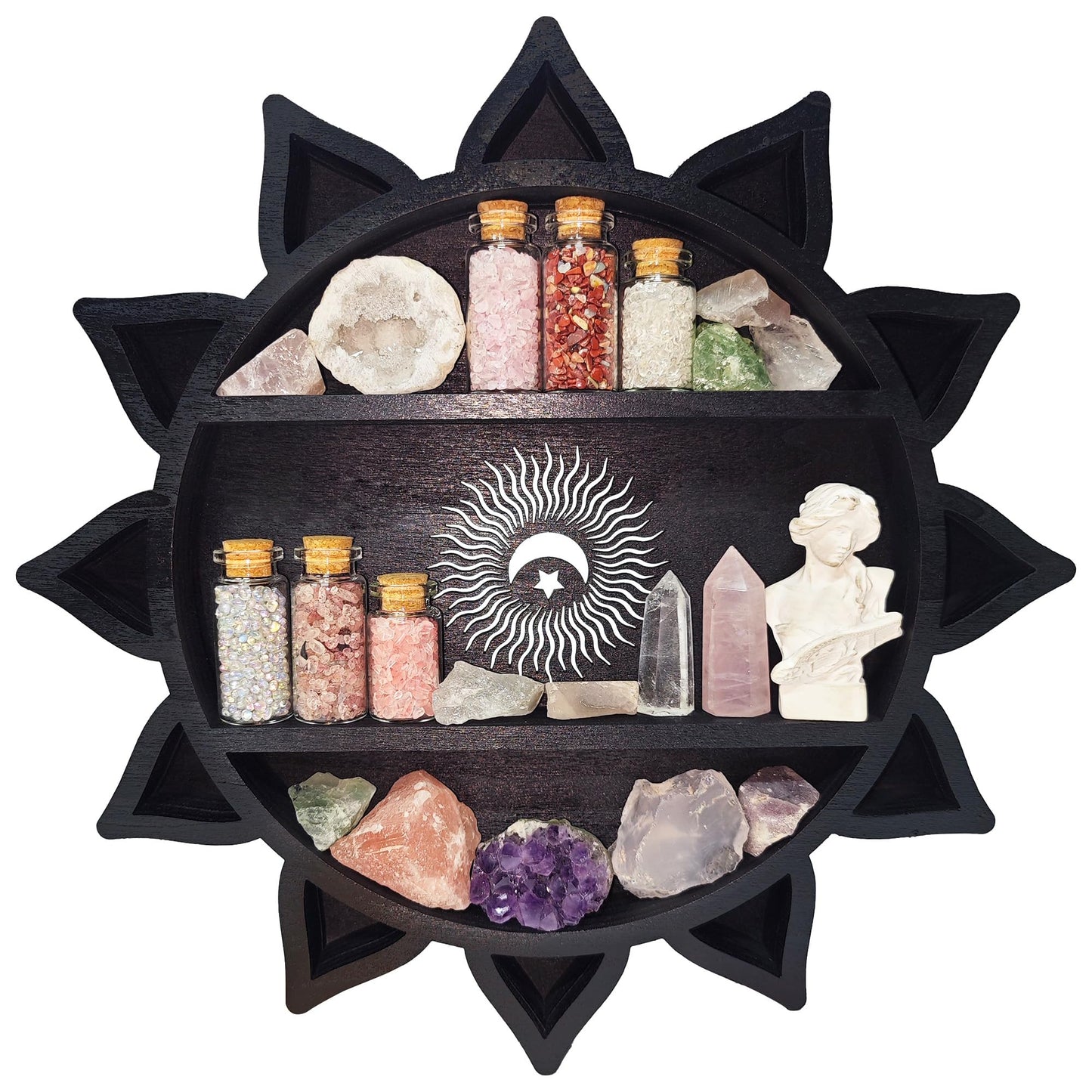 FNYDOX Crystal Shelf Display for Wall, Crystal Display Shelf Chakra Wooden Lotus Flower Crescent Moon Shelf Wall Decor, Decorative Home Floating Shelf Stone Storage Gem Holder Boho Hanging Organizer