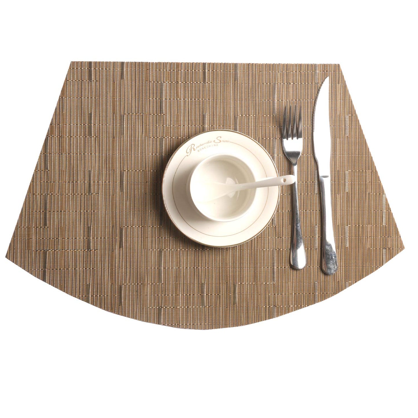 SHACOS Round Table Placemats Set of 4 Wedge Shape Woven Vinyl Place Mats Heat Resistant Wipe Clean Round Table Mats Home Table Decor (4, Tan)