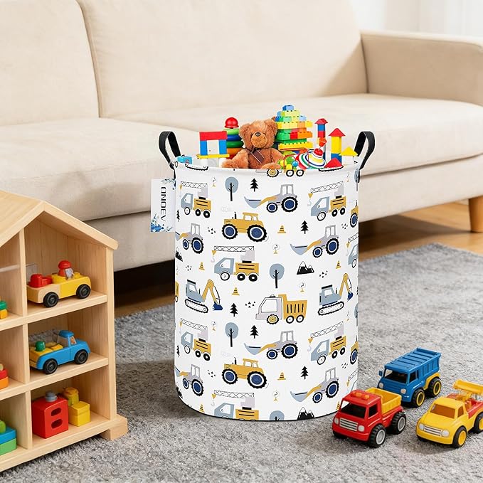 Round Foldable Laundry Hamper Kids Forest Vehicles Excavator Boys Gift Basket